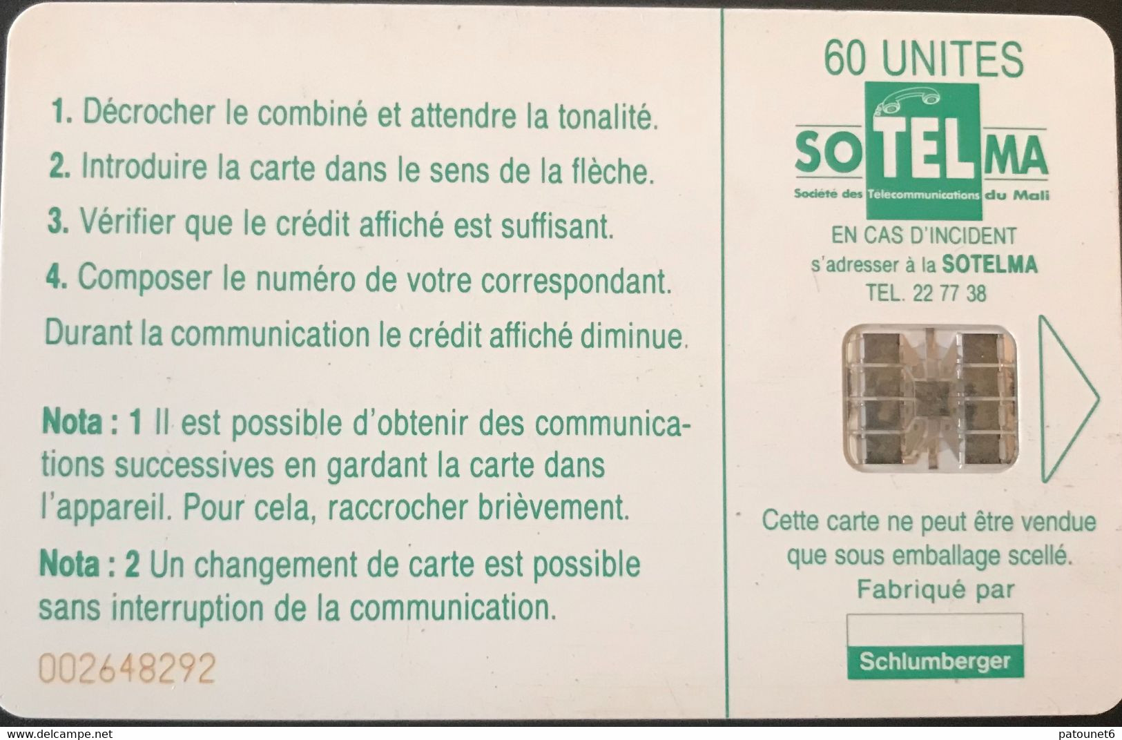 MALI  -  Phonecard  -  SOTELMA  -  SC 7  -  SIKASSO  -  60 Unités - Mali