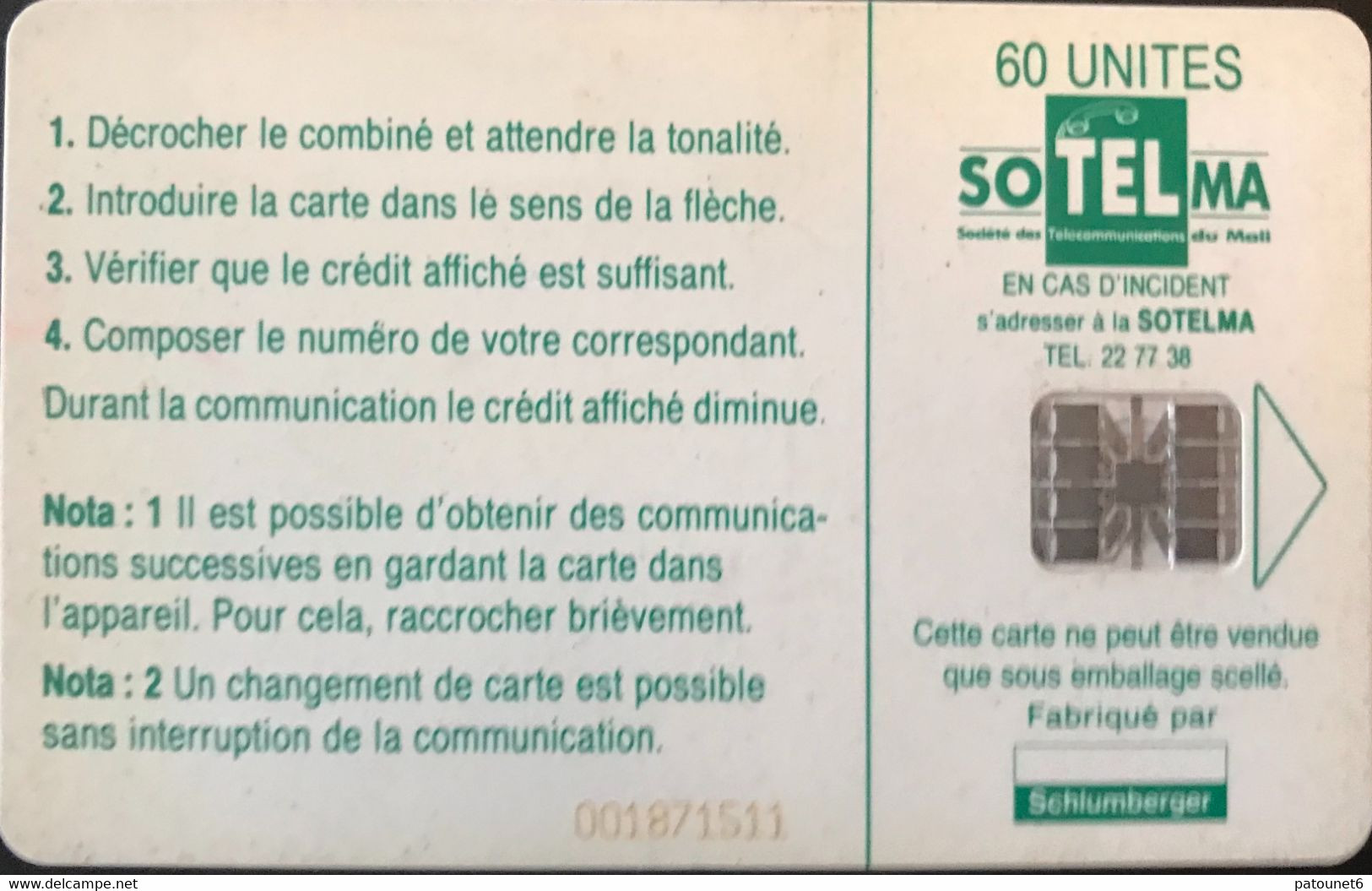 MALI  -  Phonecard  -  SOTELMA  -  SC 7  -  DJENNE  - 60 Unités - Malí