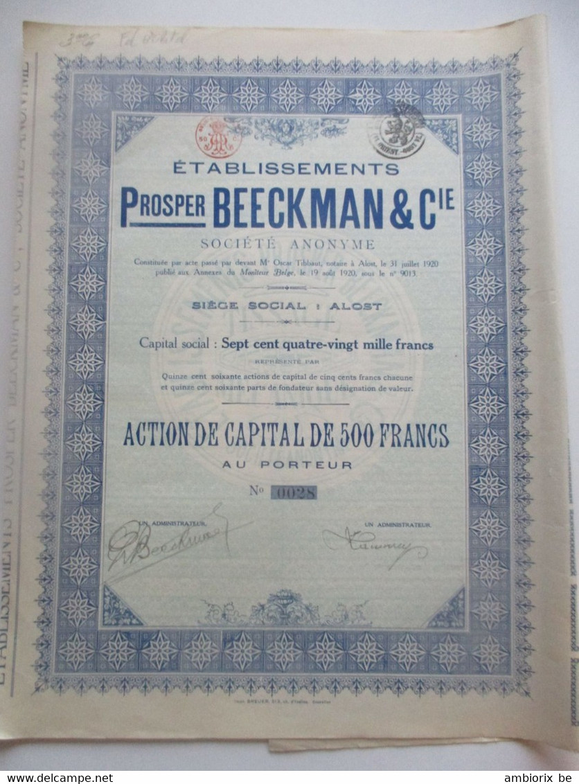 Etablissements Prospor Beeckman & Cie - Alost - Capital 780 000 - Action De Capital De 500 Francs - 1920 - Tessili