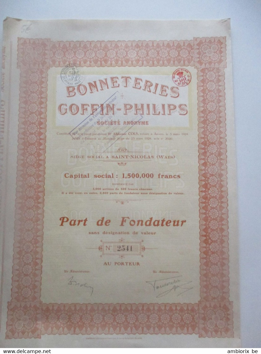Bonneteries Goffin-Philips -Saint-Nicolas (Waes)  - Capital 1 500 000 - Part De Fondateur - 1924 - Textile