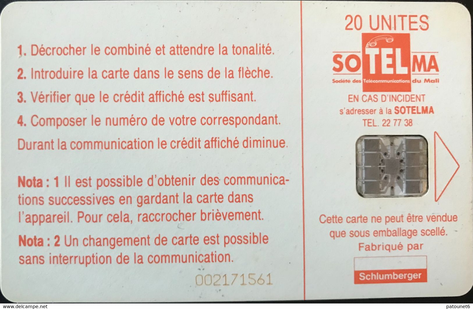 MALI  -   Phonecard  -  SOTELMA  -  SC7  -  Monument De L'Indépendance  -  20 Unités - Malí