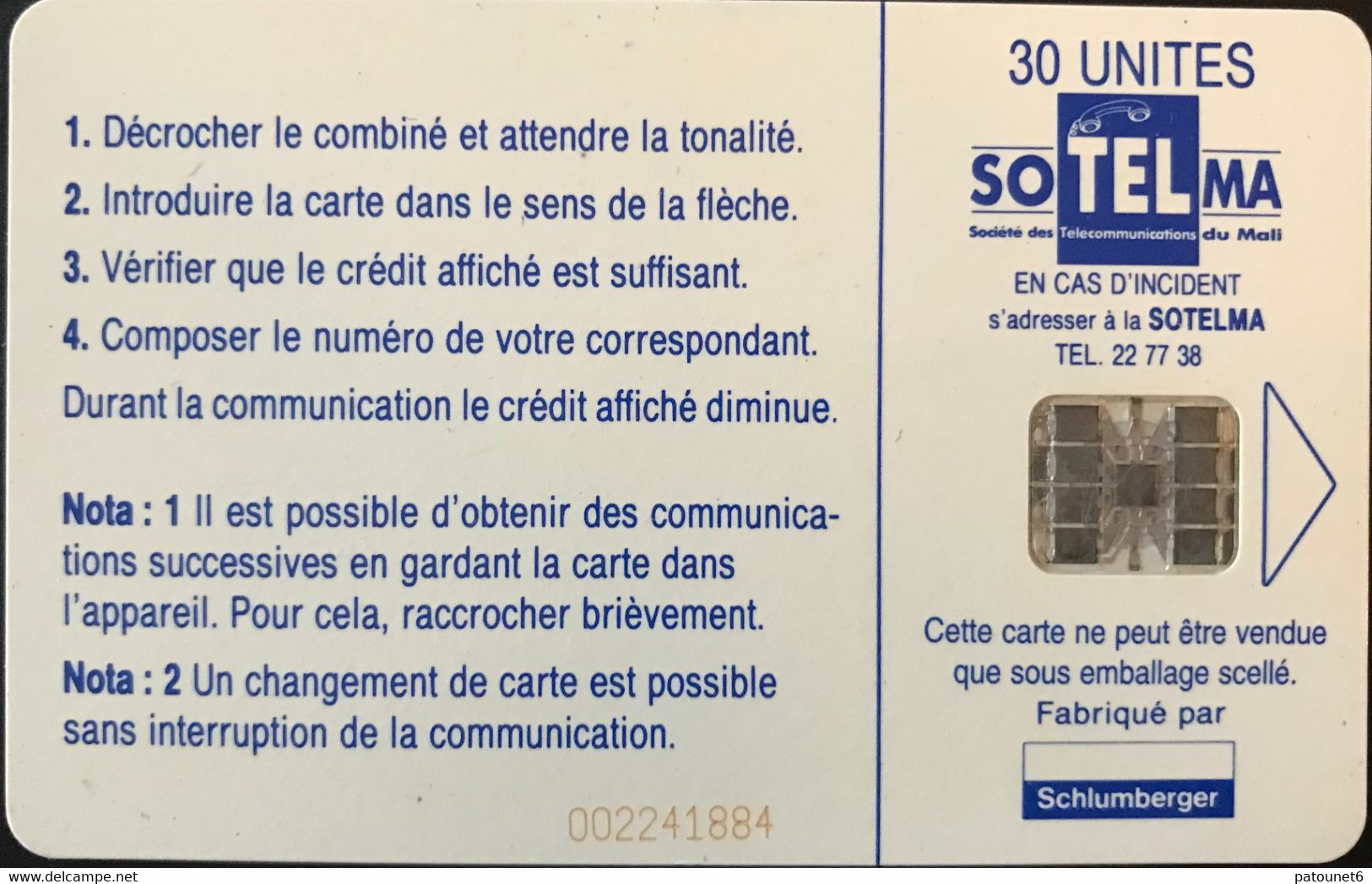 MALI  -   Phonecard  -  SOTELMA  -  SC7  - Télécentre  -  30 Unités - Malí