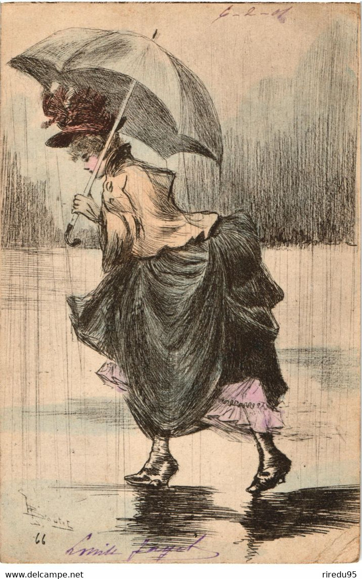 CPA PRECURSEUR DESSIN HENRI BOUTET - FEMME EN ROBE CHAPEAU ET PARAPLUIE SEMBLE AVANCER CONTRE LE VENT - Boutet