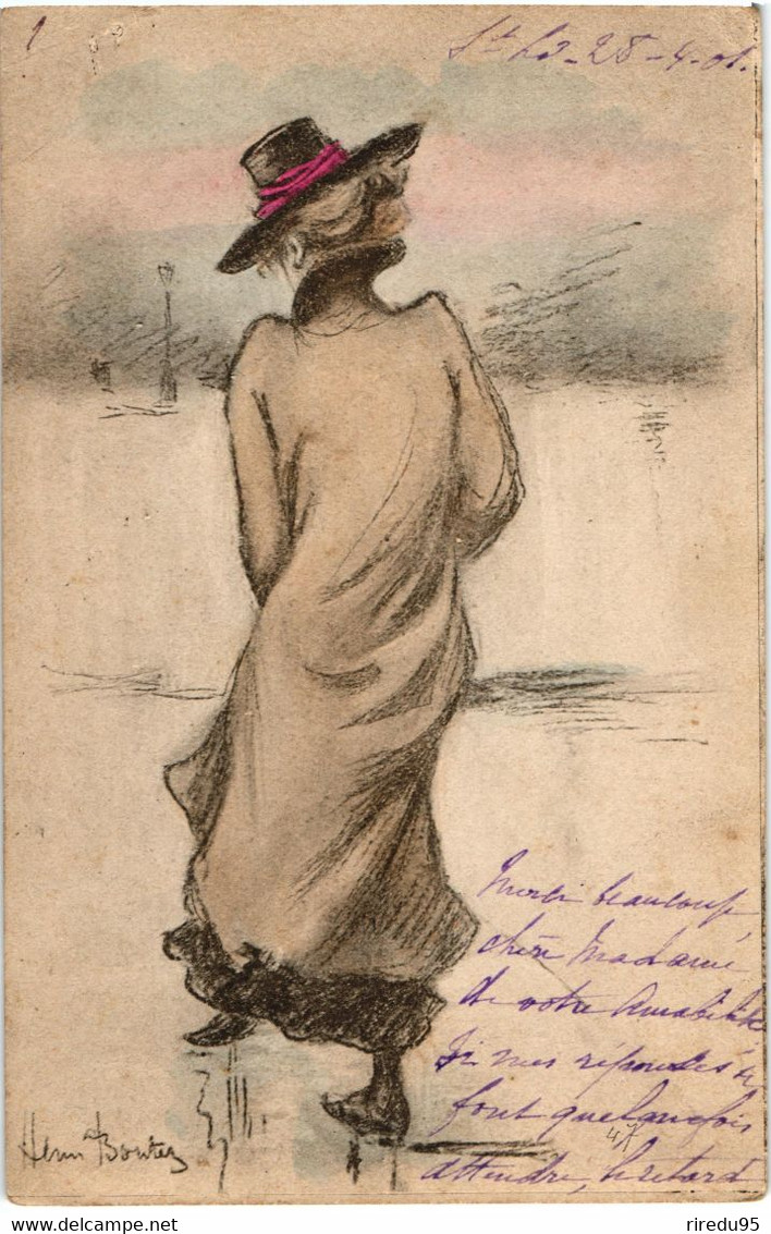 CPA PRECURSEUR DESSIN HENRI BOUTET - GRANDE FEMME MINCE EN MANTEAU ET CHAPEAU VUE DE DOS 1901 - Boutet