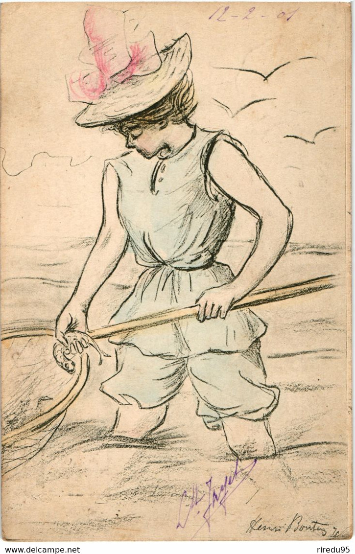 CPA PRECURSEUR DESSIN HENRI BOUTET - FEMME EN  TENUE DE BAINS AVEC EPUISETTE - PECHE  - POISSON  1901 - Boutet