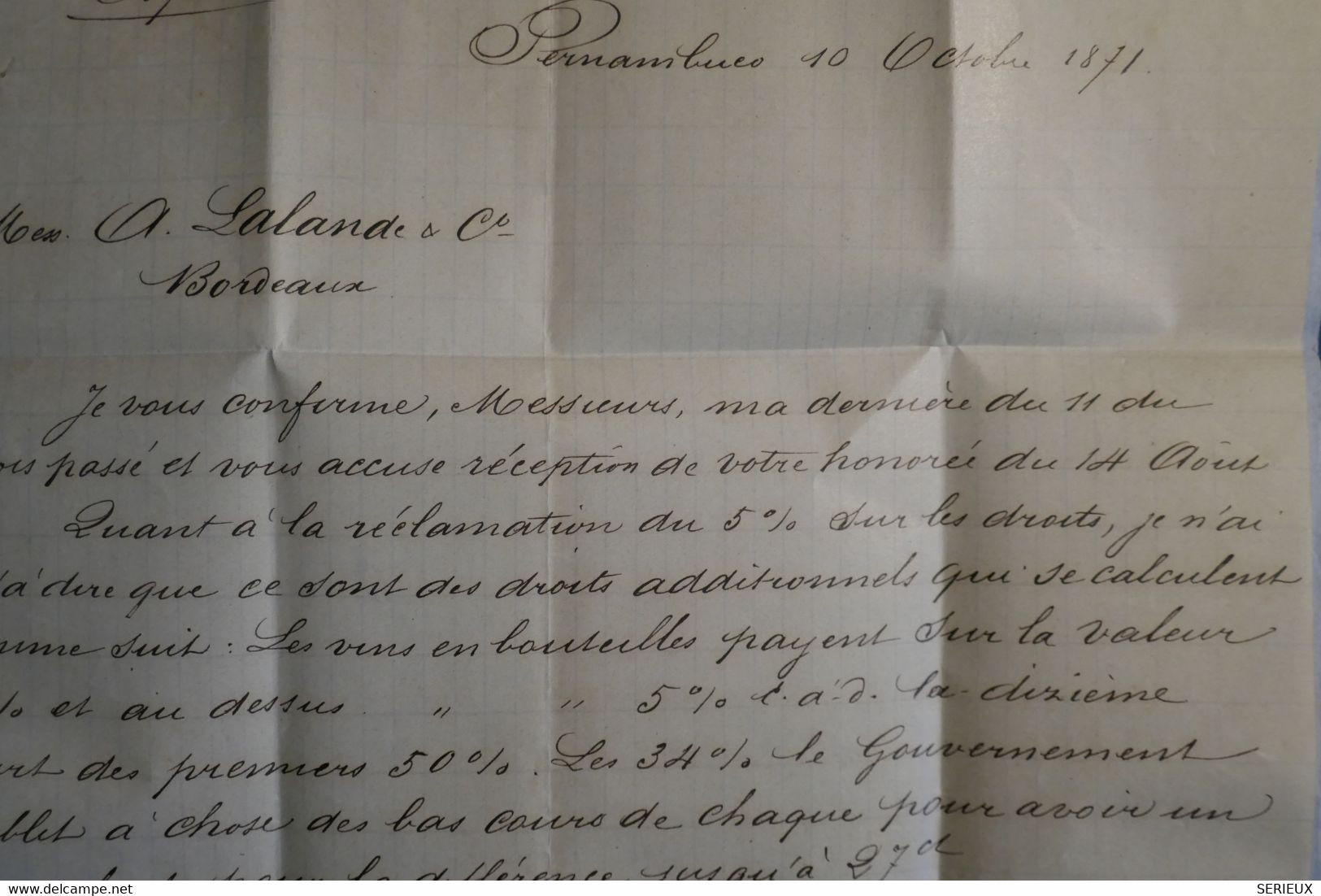 AK11 BRAZIL PERNAMBUCO BELLE  LETTRE RARE  10 OCT.1871  POUR BORDEAUX  FRANCE   +++TEMOIGNAGE ++ AFFRANCH. INTERESSANT - - Préphilatélie