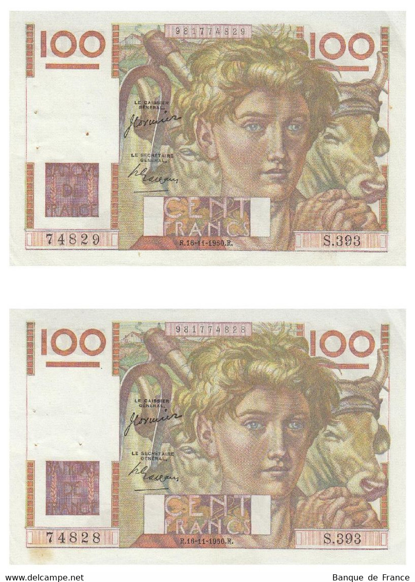 2 Billets 100 F Paysan Du 16-11-1950 FAY 28.28 Alph. S.393 N° Suivis P/SPL - 100 F 1945-1954 ''Jeune Paysan''