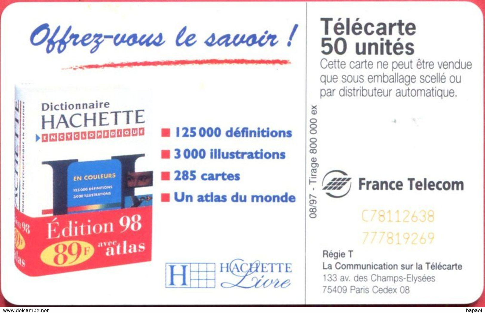 Télécarte Réf Pho 0774 (1997) - Thème Livres - Dictionnaire Hachette 98 (Recto-Verso) - Cultural