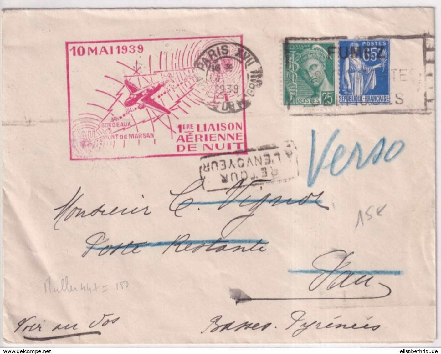 1939 - ENVELOPPE ENTIER POSTAL TYPE PAIX Avec CACHET 1° LIAISON AERIENNE DE NUIT De PARIS à PAU ! - Standard Covers & Stamped On Demand (before 1995)