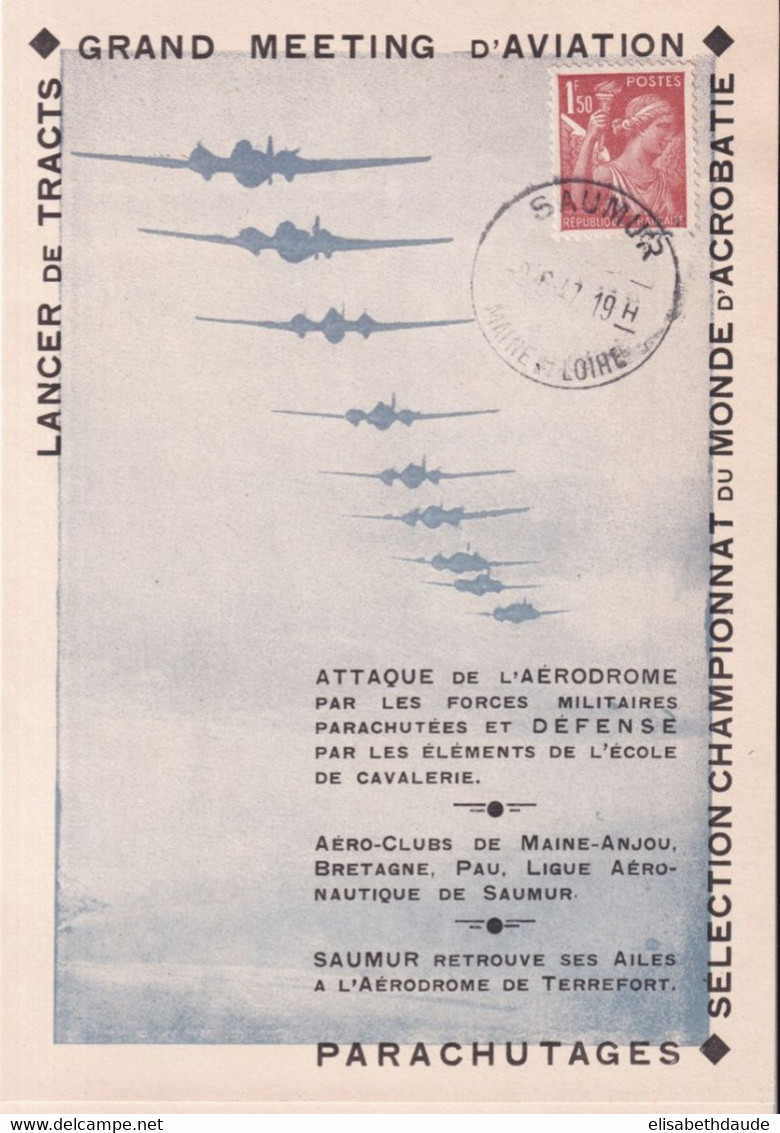 1947 - CARTE ILLUSTREE + OBLITERATION SPECIALES Du MEETING AVIATION - PARACHUTAGES Et SIMULATION COMBATS De SAUMUR - 1960-.... Cartas & Documentos