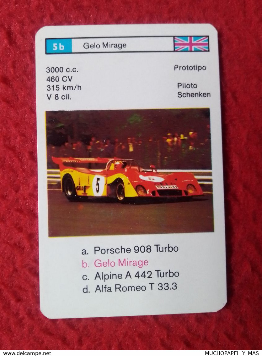 CROMO CARTA NAIPE MINICARTA CARD O SIMIL PROTOTIPO RACE CARS CARRERAS AUTOS PILOTO SCHENKEN GELO MIRAGE UK VOITURE PILOT - Automobile - F1