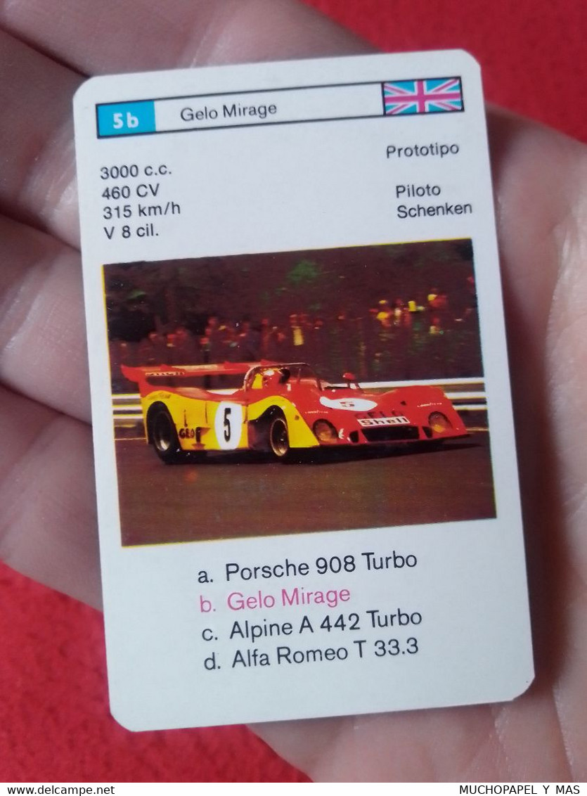 CROMO CARTA NAIPE MINICARTA CARD O SIMIL PROTOTIPO RACE CARS CARRERAS AUTOS PILOTO SCHENKEN GELO MIRAGE UK VOITURE PILOT - Automobile - F1