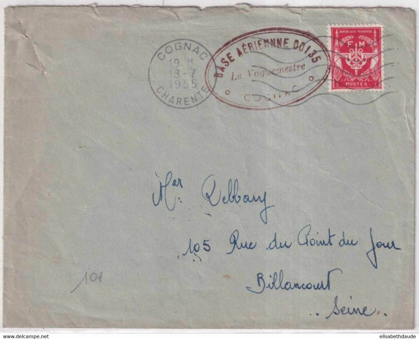 1955 - BASE AERIENNE 135 - ENVELOPPE FM De COGNAC (CHARENTE) => BILLANCOURT - Militärstempel Ab 1900 (ausser Kriegszeiten)