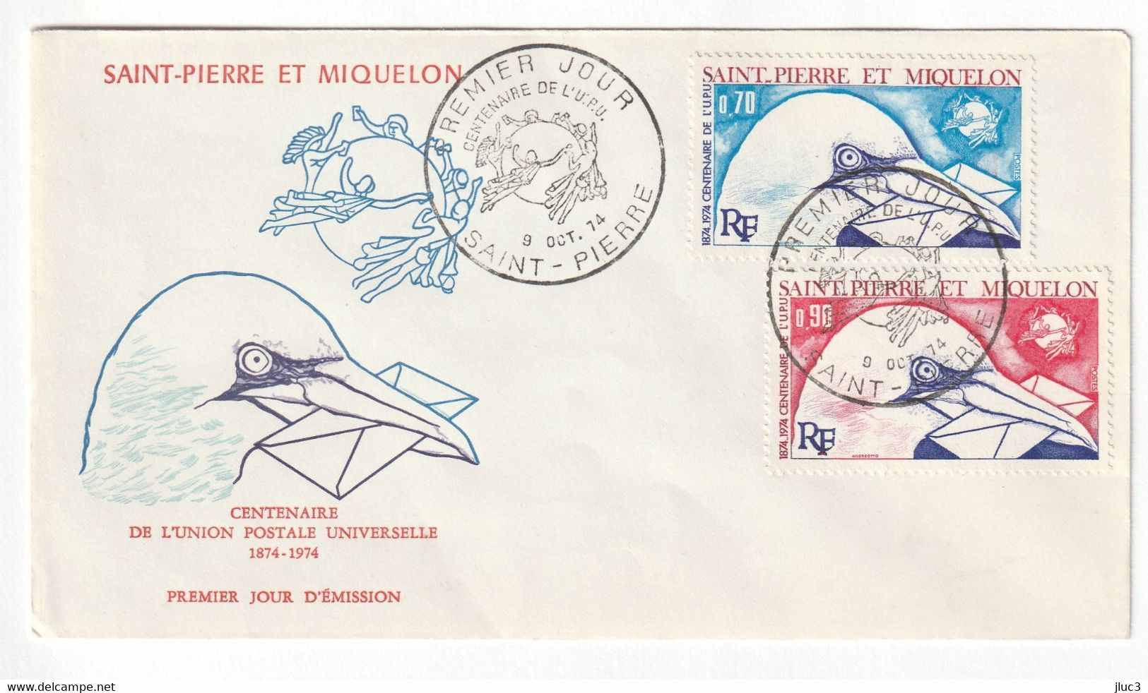 ZSpmFDC434+35 - ST PIERRE ET MIQUELON 1974 - ENVELOPPE  FDC : Union Postale Universelle  N° 434 + 435 (Scott) -- Oiseaux - Cartas & Documentos