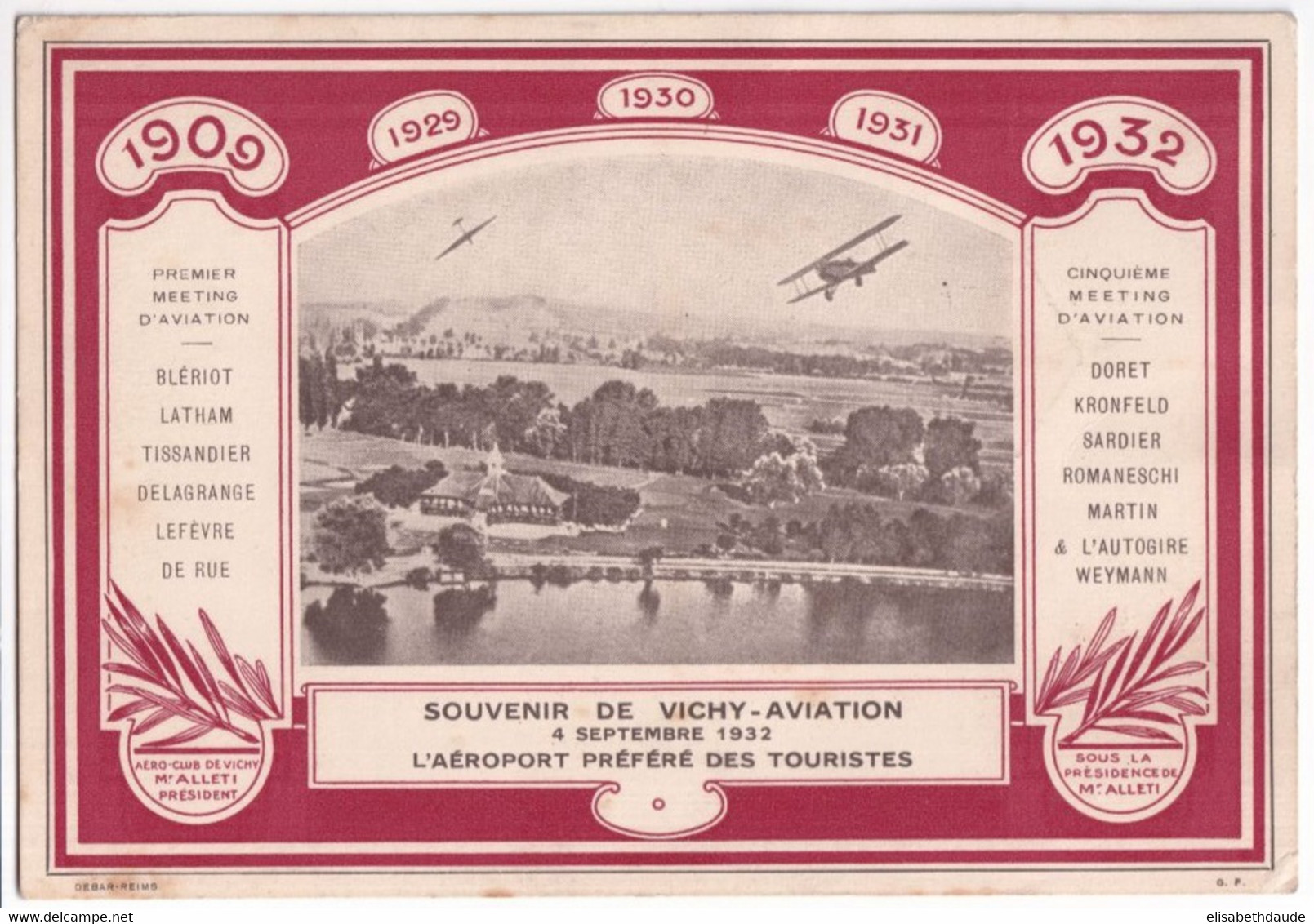 1932 - VIGNETTE / CINDERELLA AVIATION "VICHY AVIATION" Sur CP ILLUSTREE OBLITERATION HEXAGONALE SPECIALE ! - Aviation