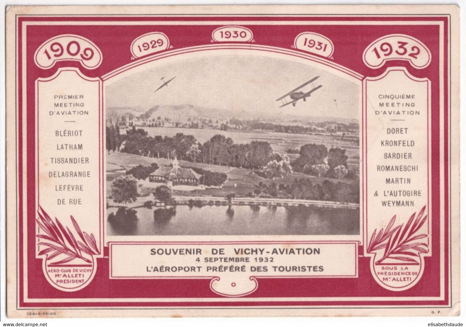 1932 - VIGNETTE / CINDERELLA AVIATION "VICHY AVIATION" Sur CP ILLUSTREE OBLITERATION HEXAGONALE SPECIALE ! - Luchtvaart