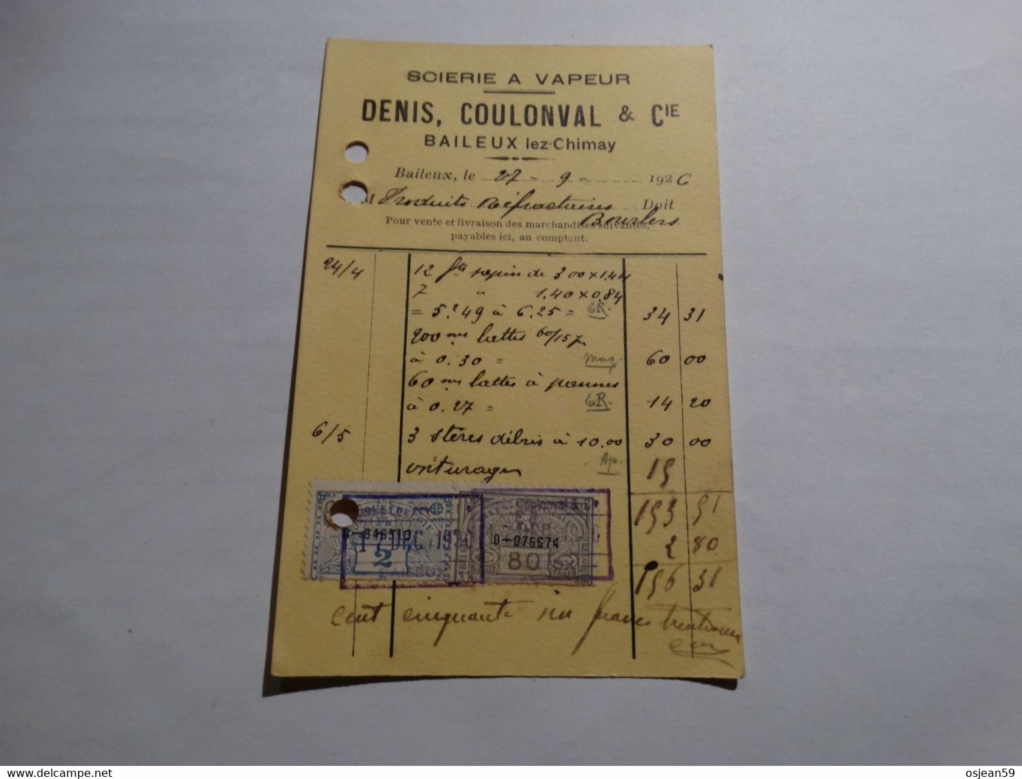 Timbres Fiscaux Sur Document .27/09/1926 - Documentos