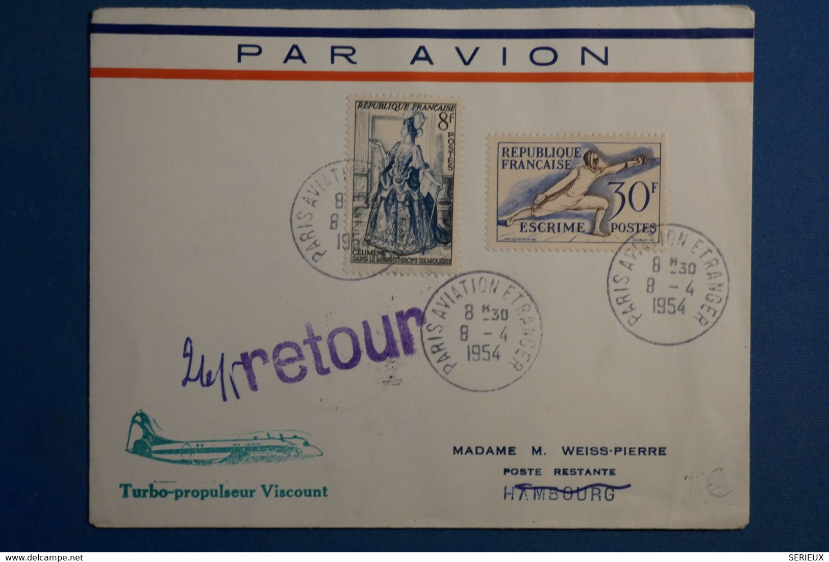 AK12 FRANCE BELLE  LETTRE 1954   PARIS HAMBOURG GERMANY +++++  AEROPHILATELIE +AFFRANCH. PLAISANT - - First Flight Covers