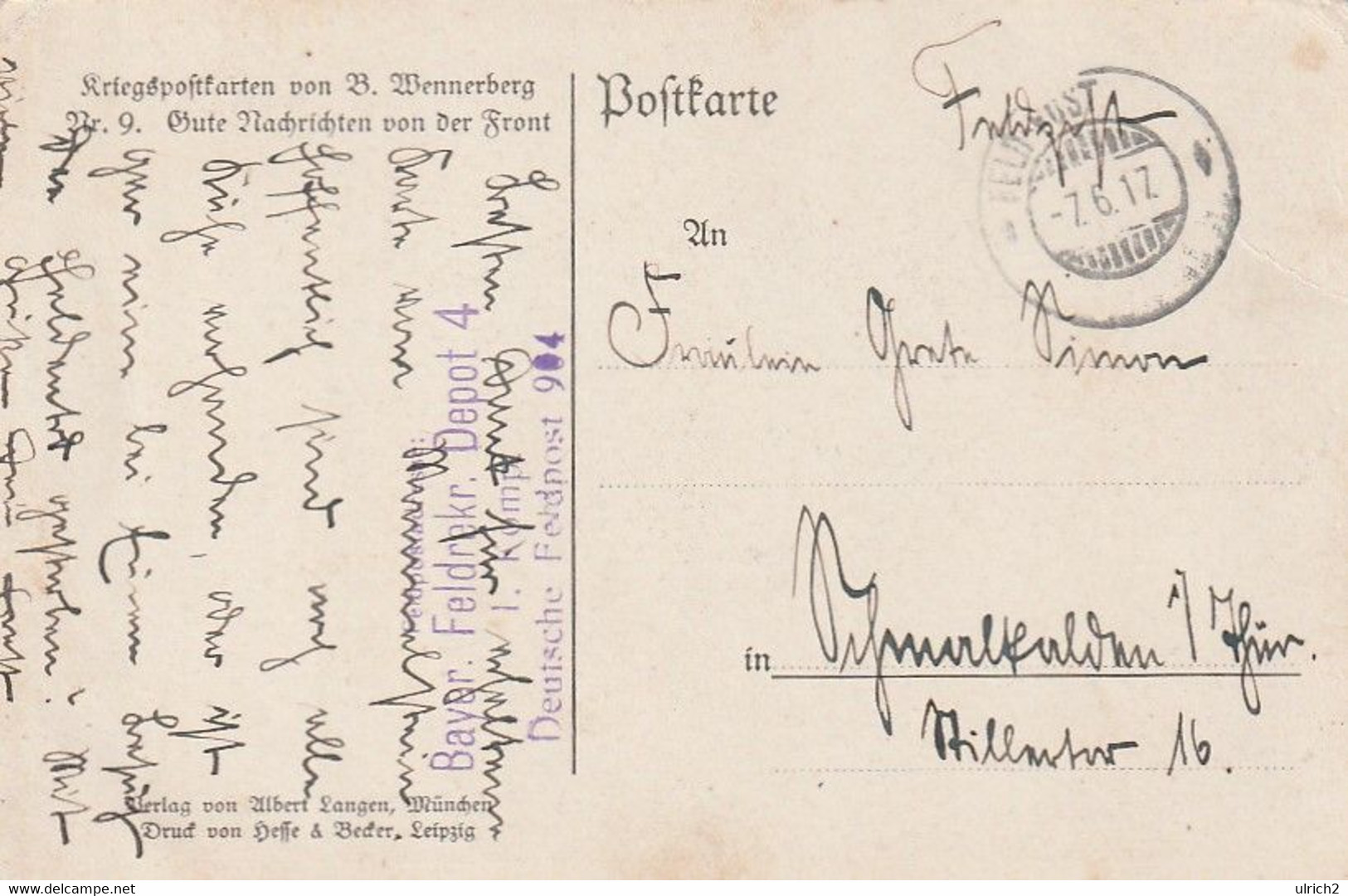 AK Wennerberg - Gute Nachrichten Von Der Front - Kriegspostkarte - Feldpost Bayr. Feldrekr. Depot 4 - 1917 (58763) - Wennerberg, B.