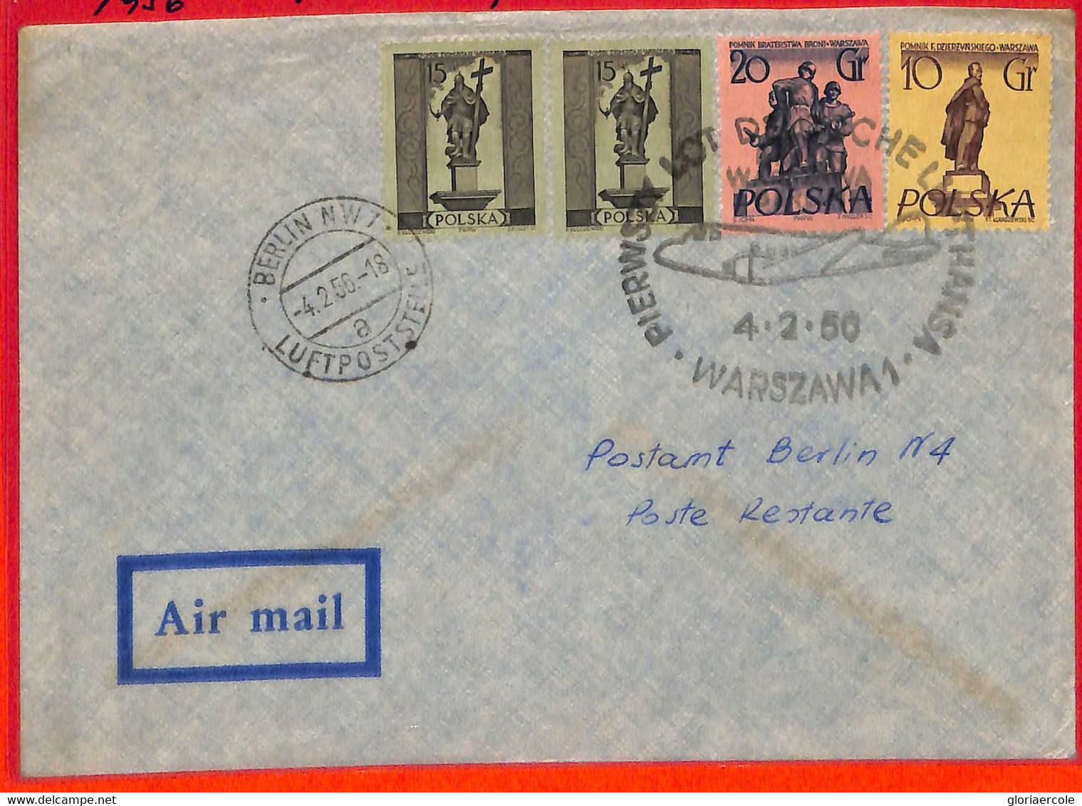 Aa3410 - POLONIA - Postal History - FIRST FLIGHT Cover WARSAW - BERLIN  1956 - Aviones