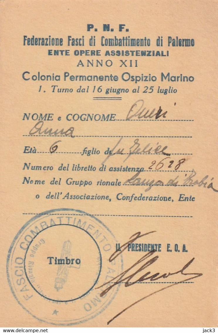 Tessera - P.N.F. Federazione Fasci Di Combattimento - Ente Opere Assistenziali - Palermo - Anno XII - Lidmaatschapskaarten