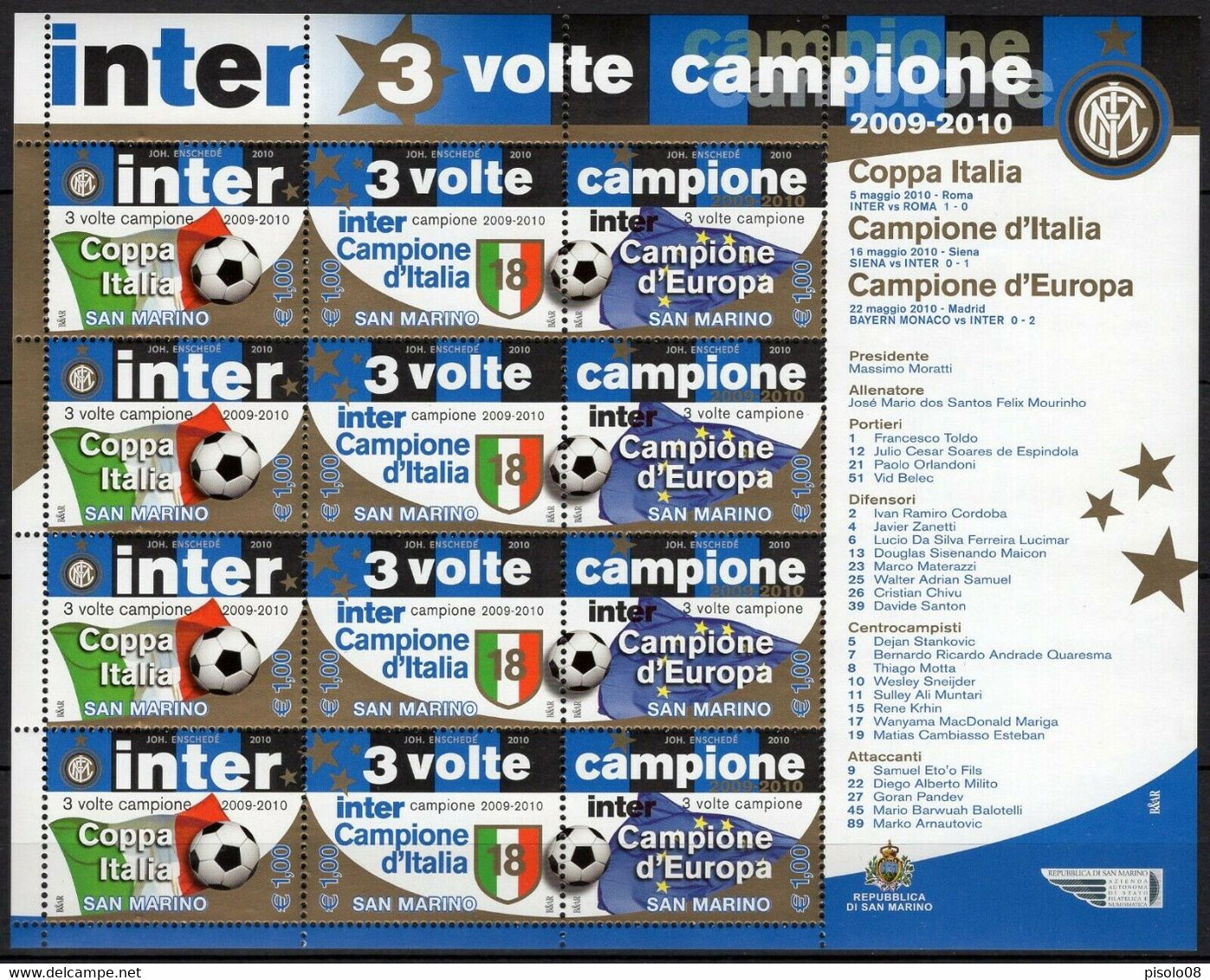 SAN MARINO 2010 INTER 3 VOLTE CAMPIONE MINIFOGLIO  ** MNH - Blocchi & Foglietti