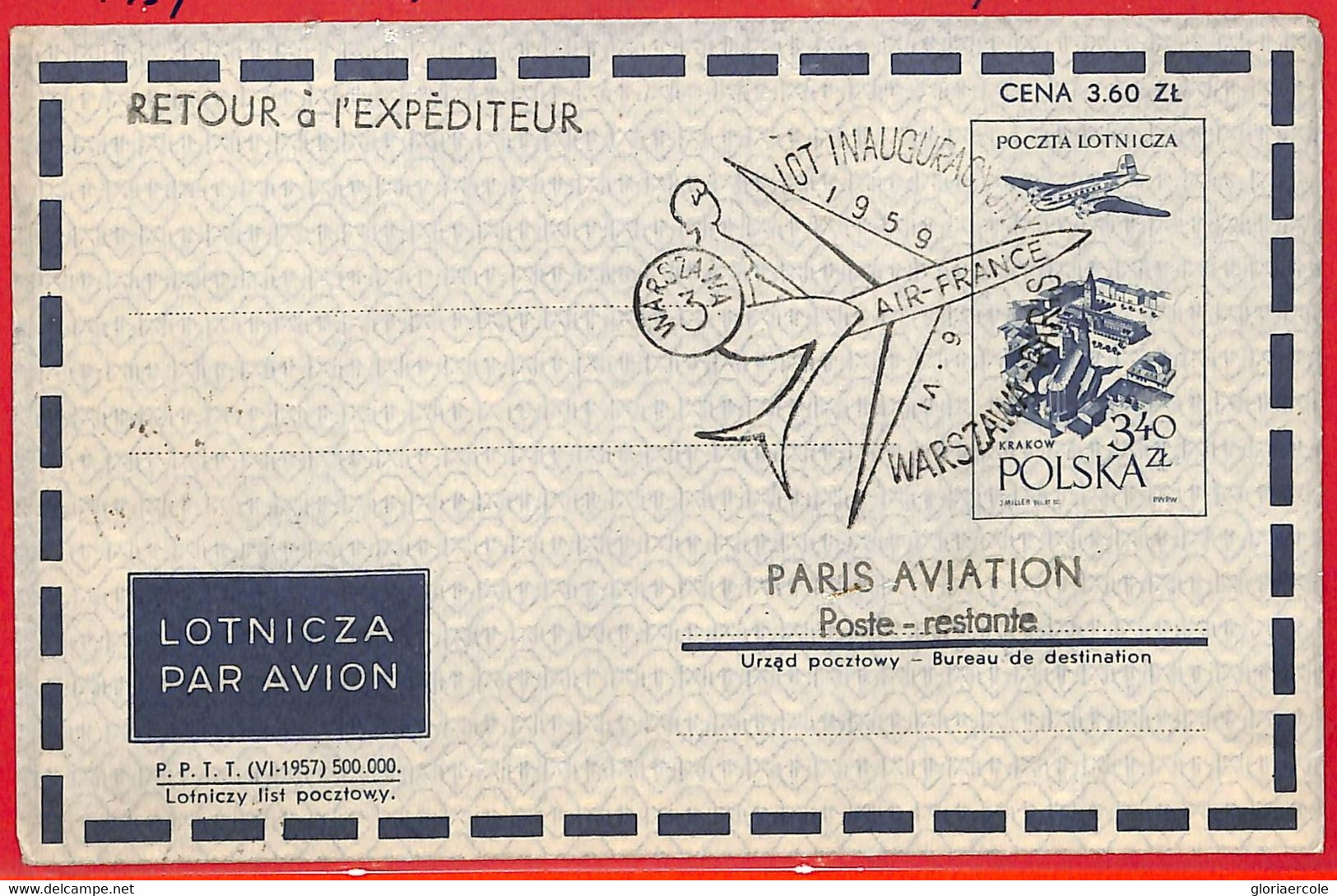 Aa3414 - POLONIA - Postal History - FIRST FLIGHT Cover WARSAW - PARIS  1959 - Airplanes