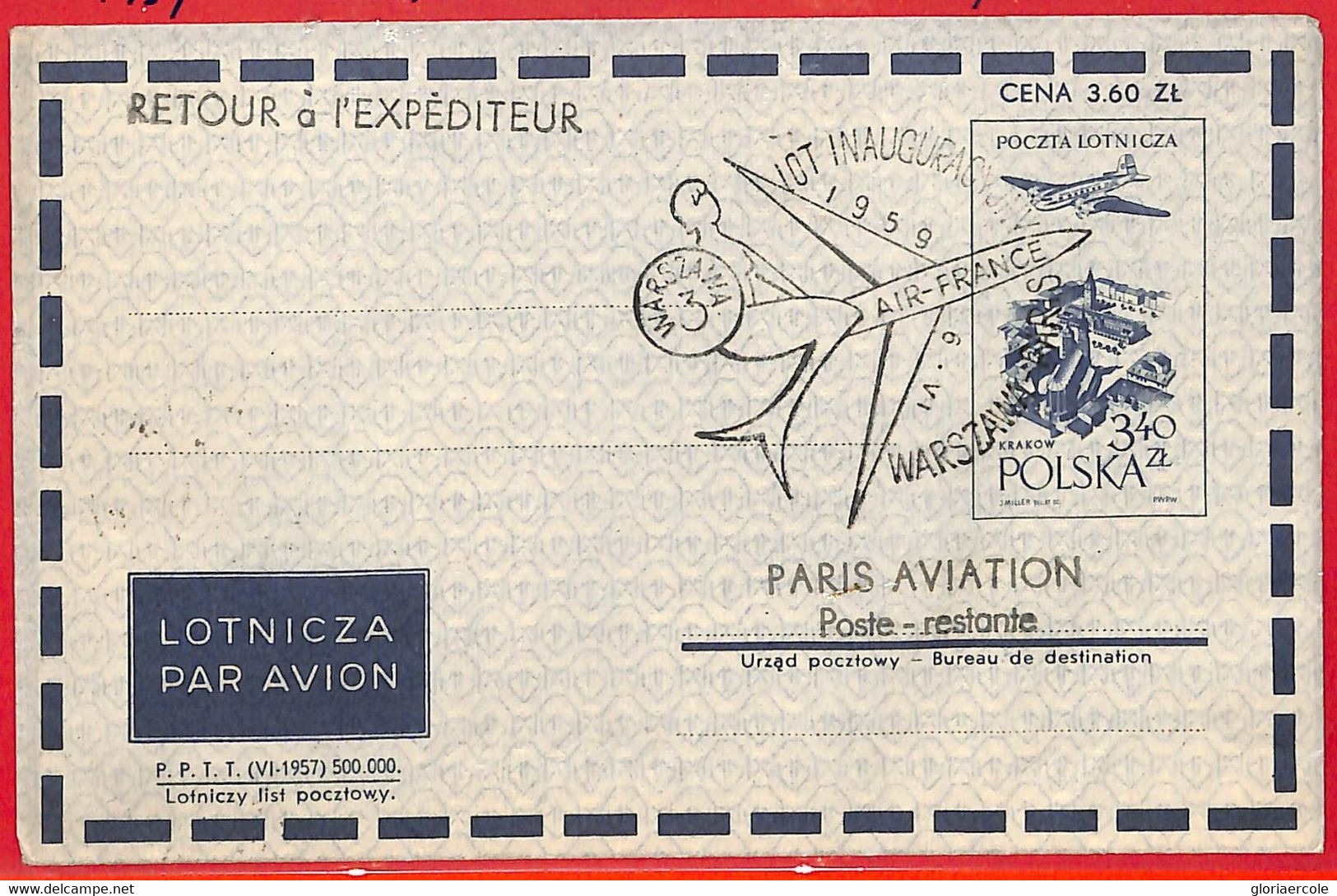 Aa3414 - POLONIA - Postal History - FIRST FLIGHT Cover WARSAW - PARIS  1959 - Aviones