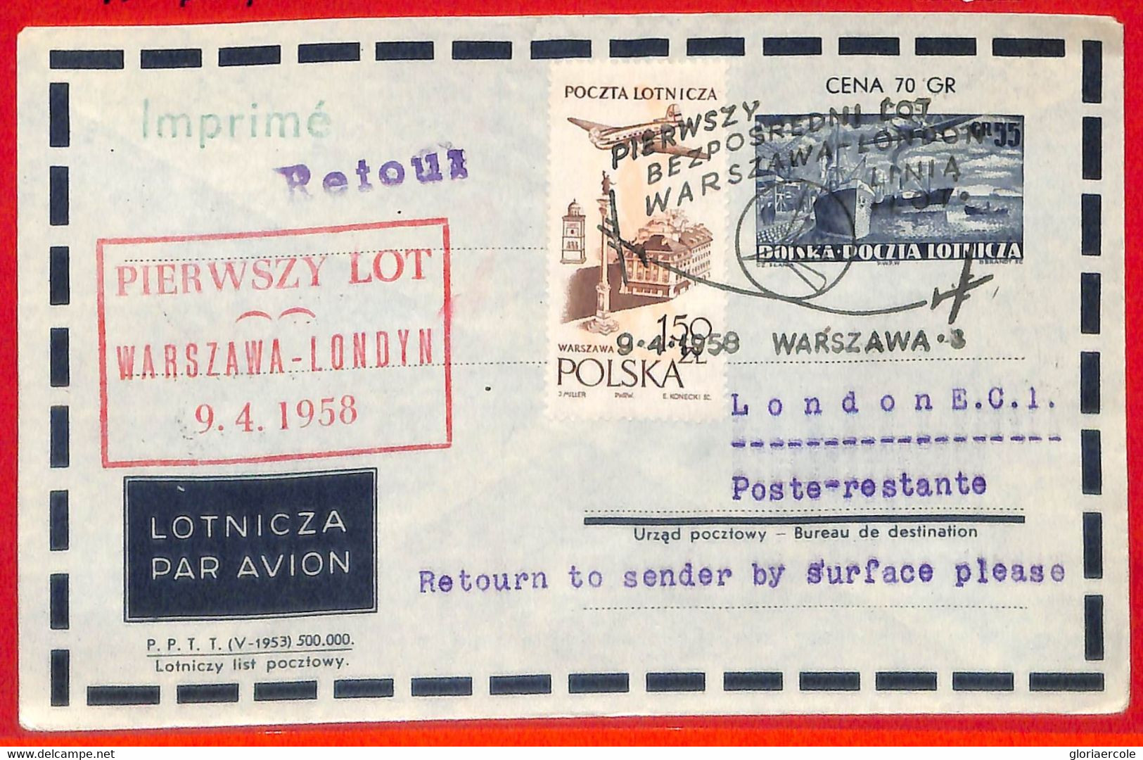 Aa3417 - POLONIA - Postal History - FIRST FLIGHT Cover WARSAW - LONDON  1958 LOT - Aviones
