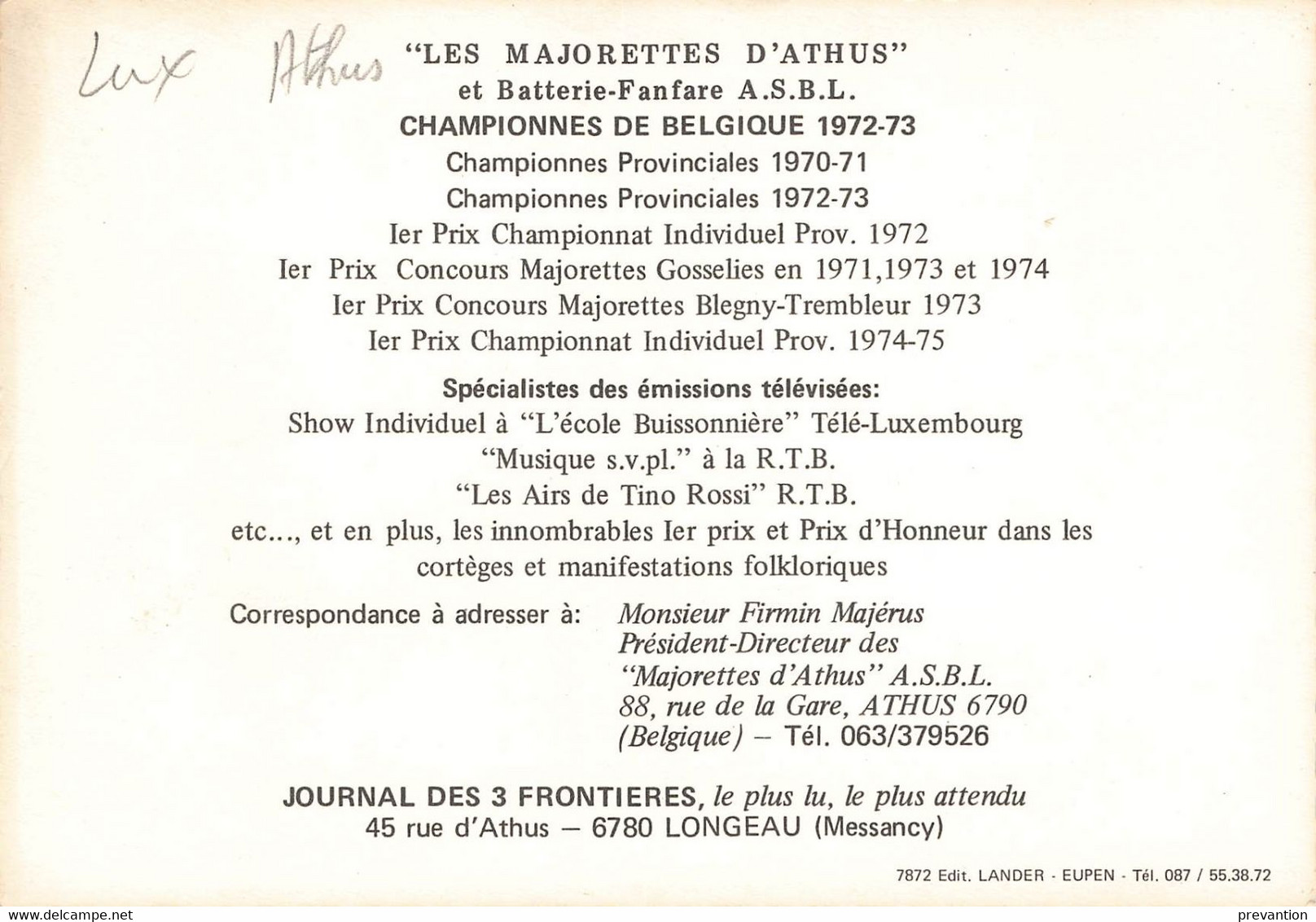 Les Majorettes D'ATHUS - Carte Colorée Avec Le Palmarès De Celle-ci Ainsi Que Son Président-Directeur - Aubange