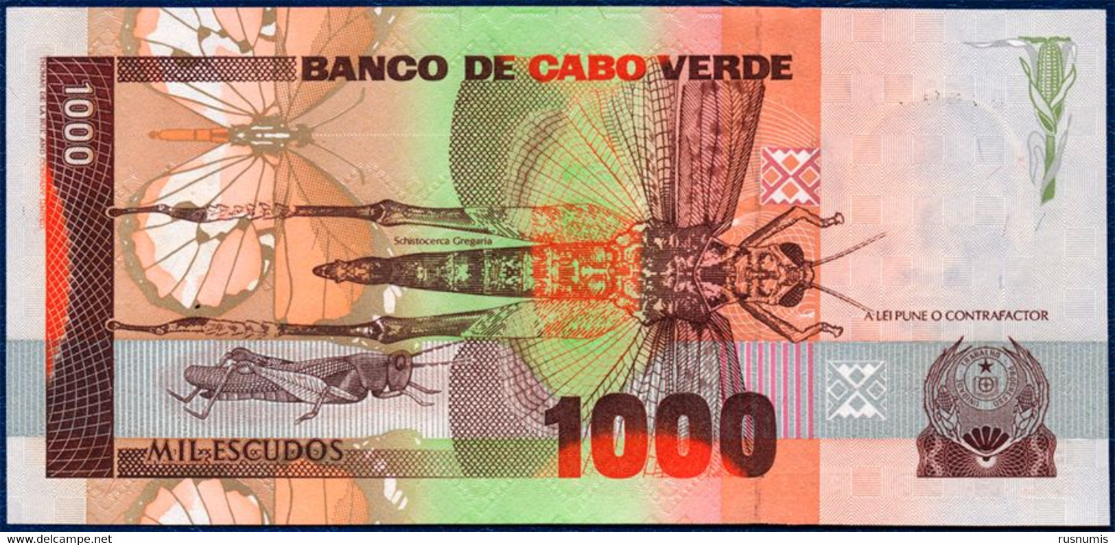 CAPE VERDE CABO VERDE 1000 ESCUDOS P-60a Amilcar Cabral - Pierid Butterfly, Desert Locust 1989 UNC - Cap Vert