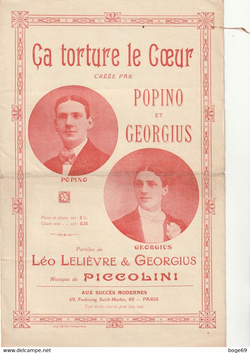 (DEC21)ça Torture Le Coeur , GEORGIUS ,POPINO  Musique PICCOLINI , Paroles BRIOLLET,  LEO LELIEVRE - Partitions Musicales Anciennes