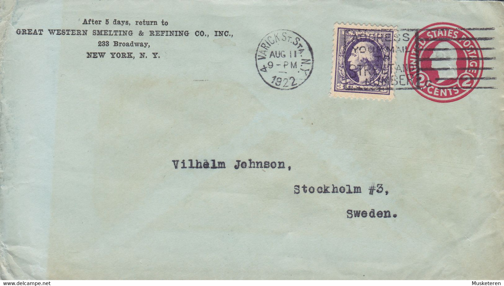 Uprated Postal Stationery Ganzsache PRIVATE Print GREAT WESTERN SMELTING & REFINING Co, VARICK St. Station NEW YORK 1922 - 1921-40