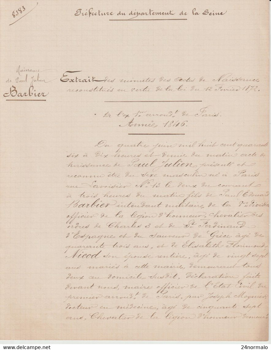 AB379 Extrait Acte De Naissance De P. Julier Barbier 1846 - Historical Documents