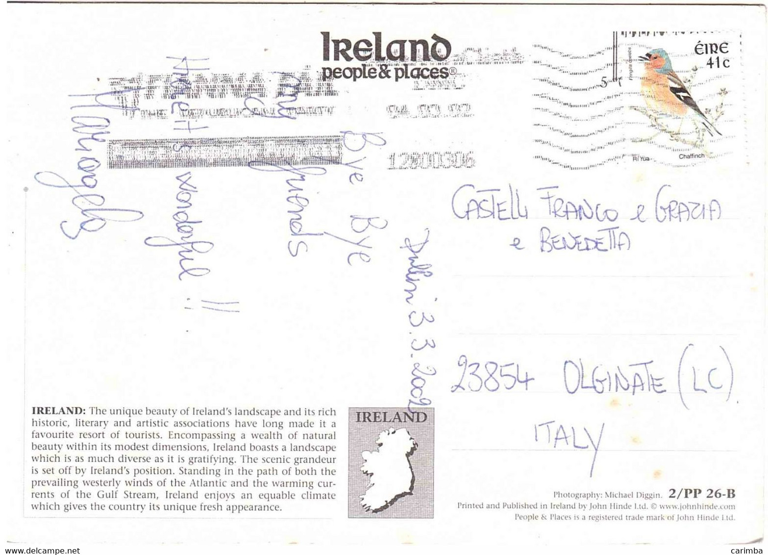 2002 FRINGILLA COELEBS CARTOLINA IRLANDA PER ITALIA - Cartas & Documentos