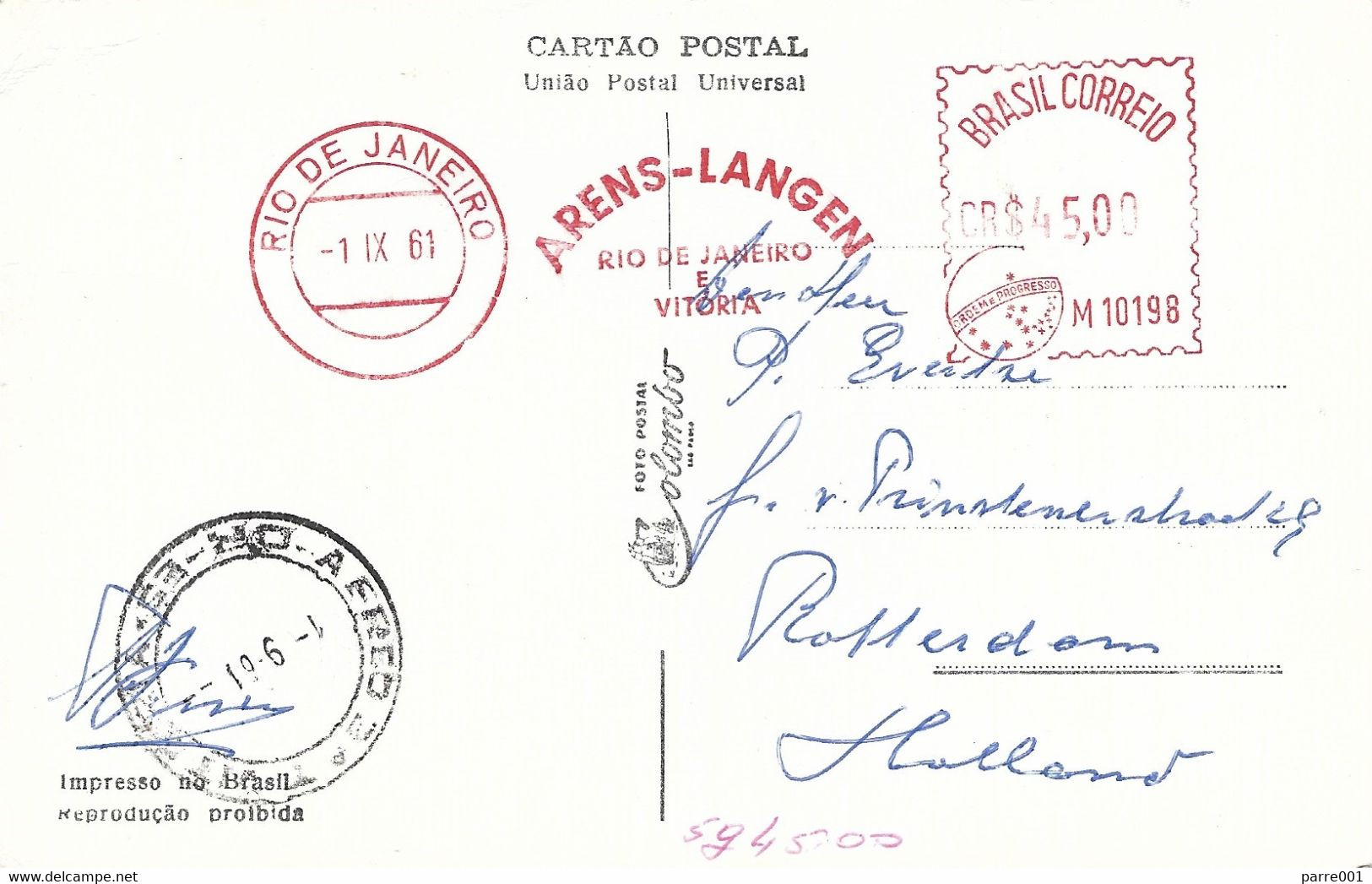 Brasil Brazil 1961 Rio De Janeiro Meter Postalia Arens-Langen Shipping Agent Cover - Brieven En Documenten