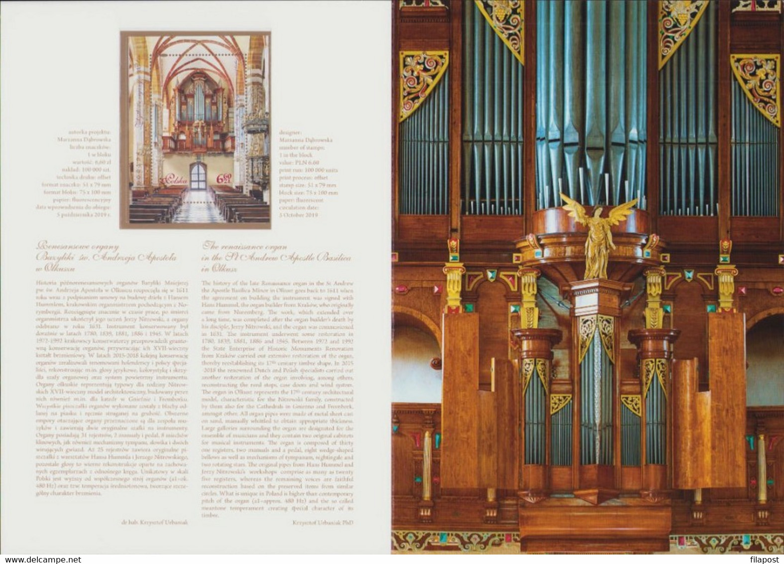 POLAND 2019 Booklet / Historic Renaissance Pipe Organ, St Andrew Apostle Basilica In Olkusz / With Block MNH** - Postzegelboekjes