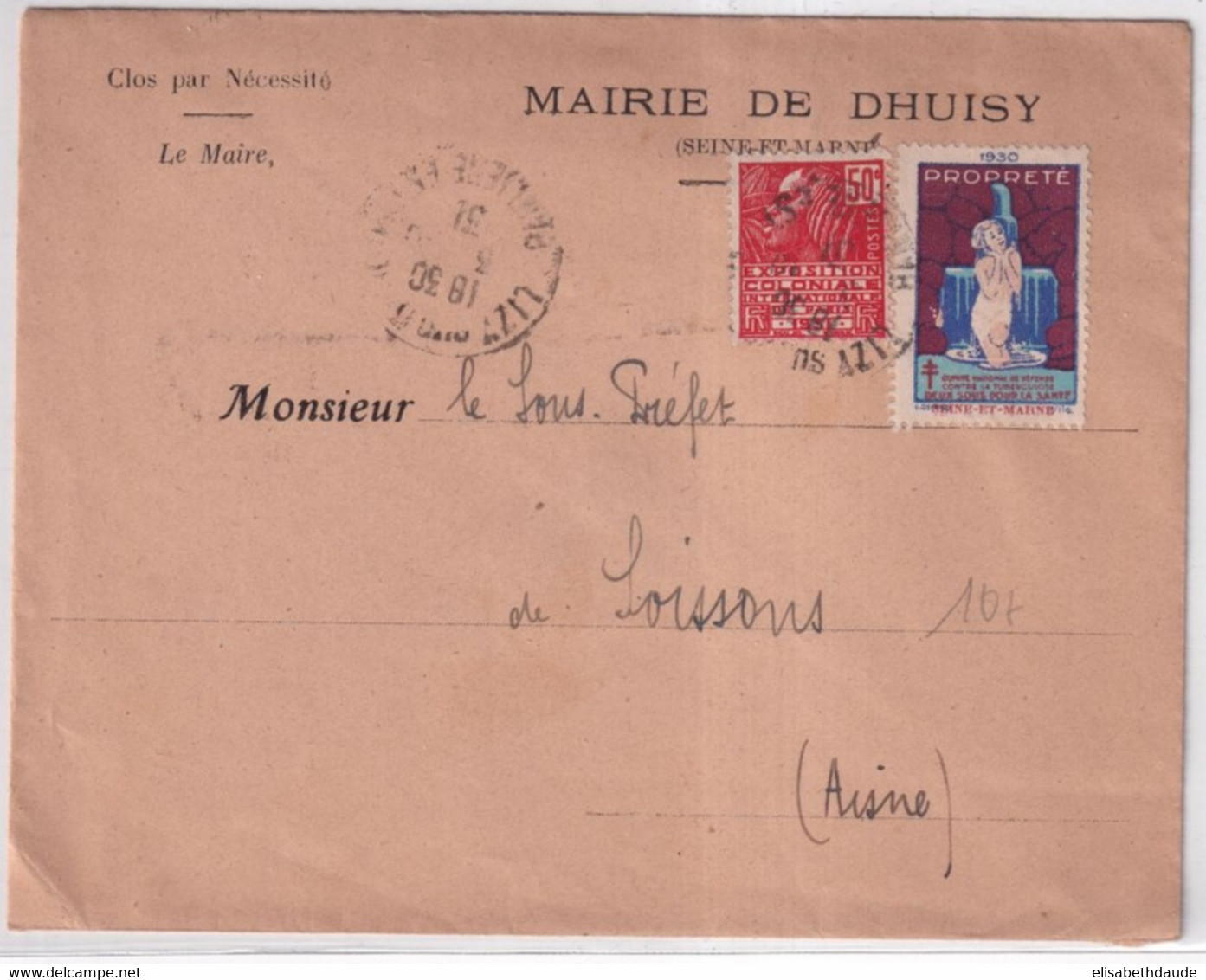 1931 - VIGNETTE / CINDERELLA TUBERCULOSE Sur ENVELOPPE De La MAIRIE De DHUISY (SEINE ET MARNE) ! - Tegen Tuberculose