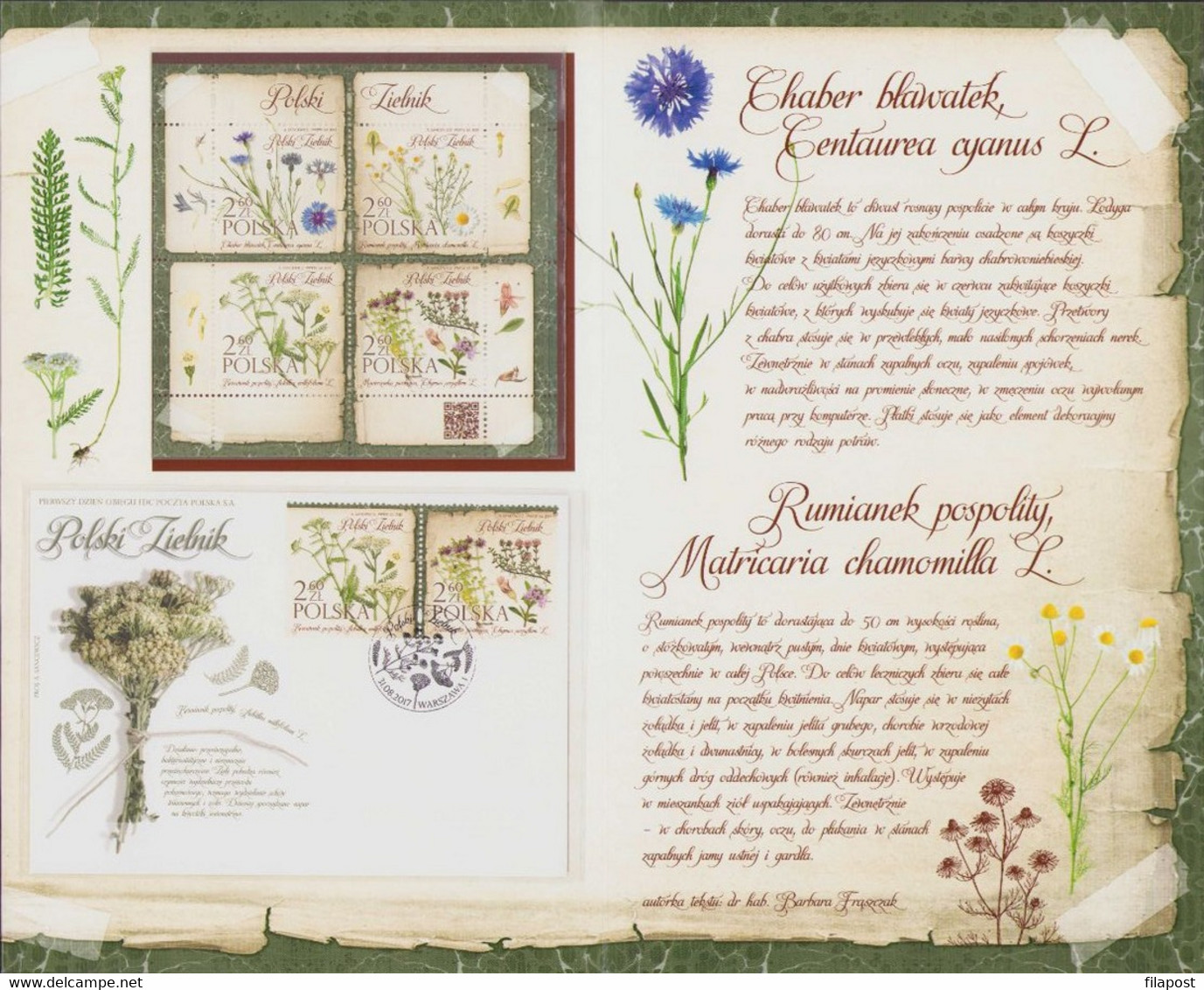 Poland 2017 Booklet / Polish Herbarium - Cornflower, Common Chamomile, Yarrow, Sand Thyme Herbs / FDC + Sheet MNH** - Booklets