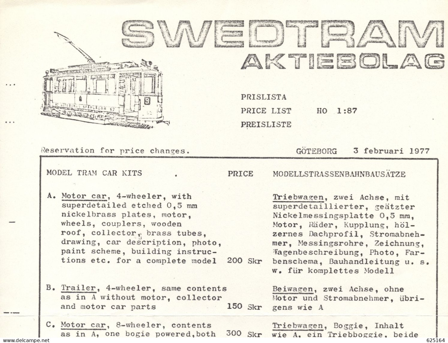 Catalogue SWEDTRAM AKTIENBOLAG 1977 Februar HO 1/87 Preisliste SEK - Anglais