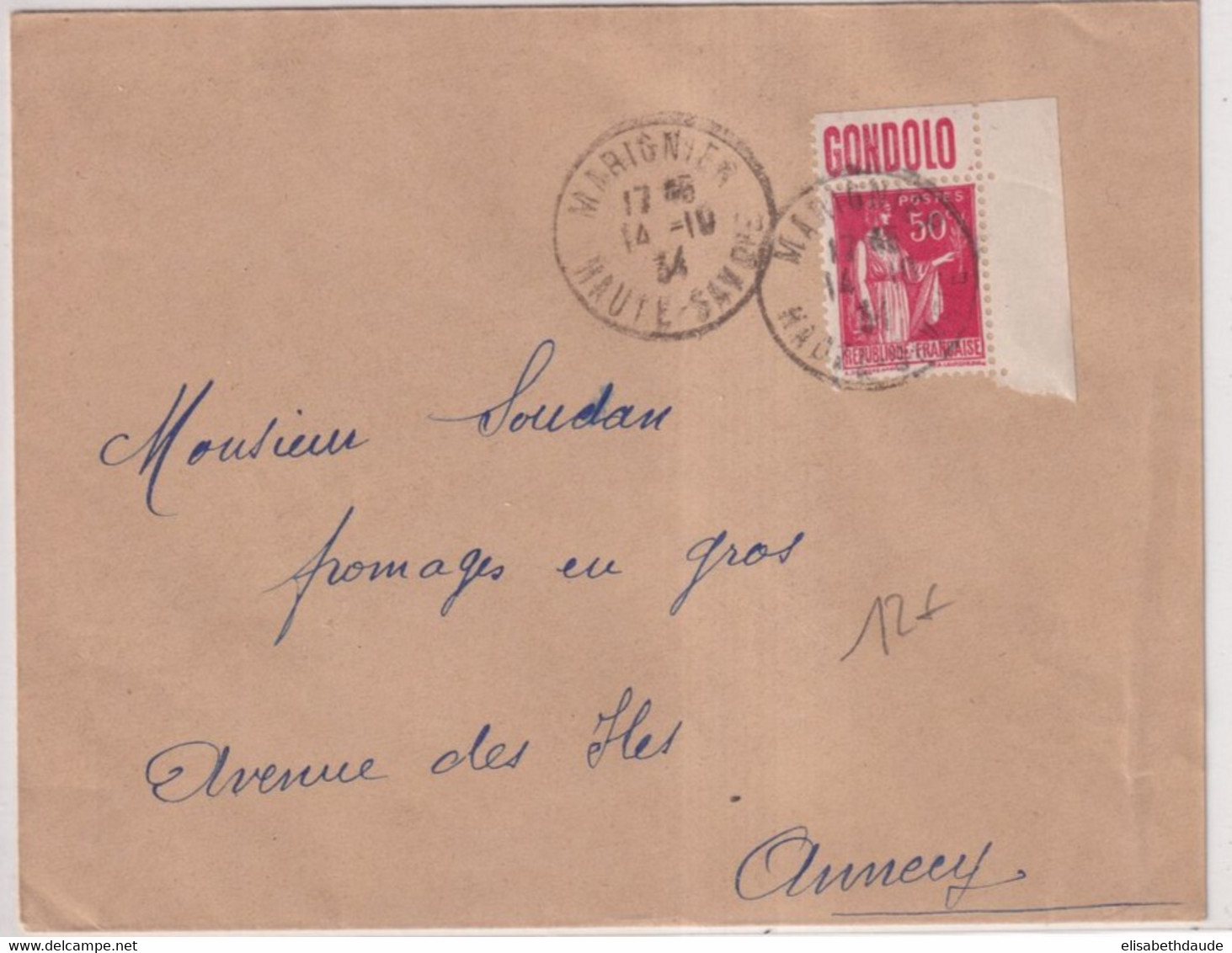 1934 - BANDE PUB "GONDOLO" Sur PAIX Sur ENVELOPPE De MARIGNIER (HAUTE SAVOIE) - Lettres & Documents