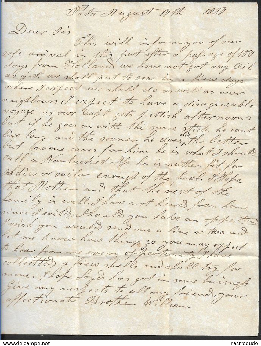 1827 RARE WHALE WHALING LETTER - 6 MONTH JOURNEY - NEW BEDFORD - CONTENTS ! - Ballenas