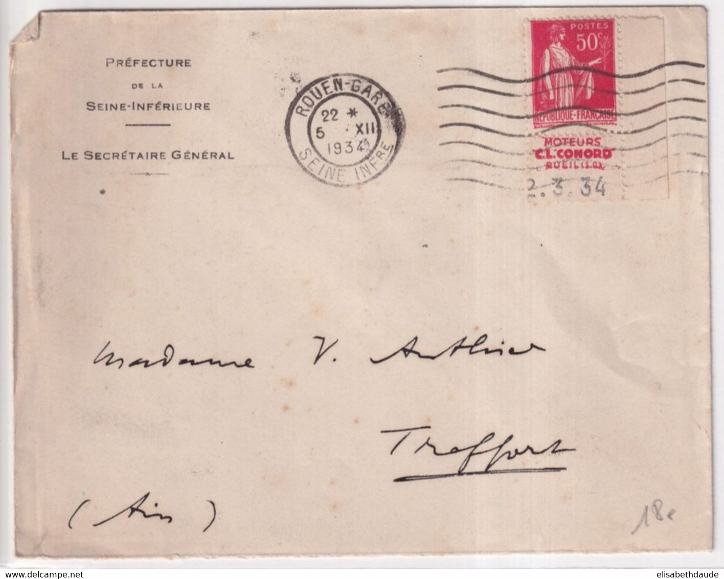 1934 - BANDE PUB "MOTEURS CONORD RUEIL" Sur PAIX COIN DATE Sur ENVELOPPE De ROUEN - Storia Postale
