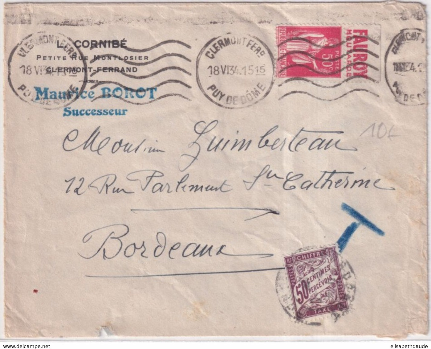 1934 - BANDE PUB "FAUROY MOUTARDE" Sur PAIX Sur ENVELOPPE De CLERMONT-FERRAND Avec TAXE DUVAL ! - Storia Postale