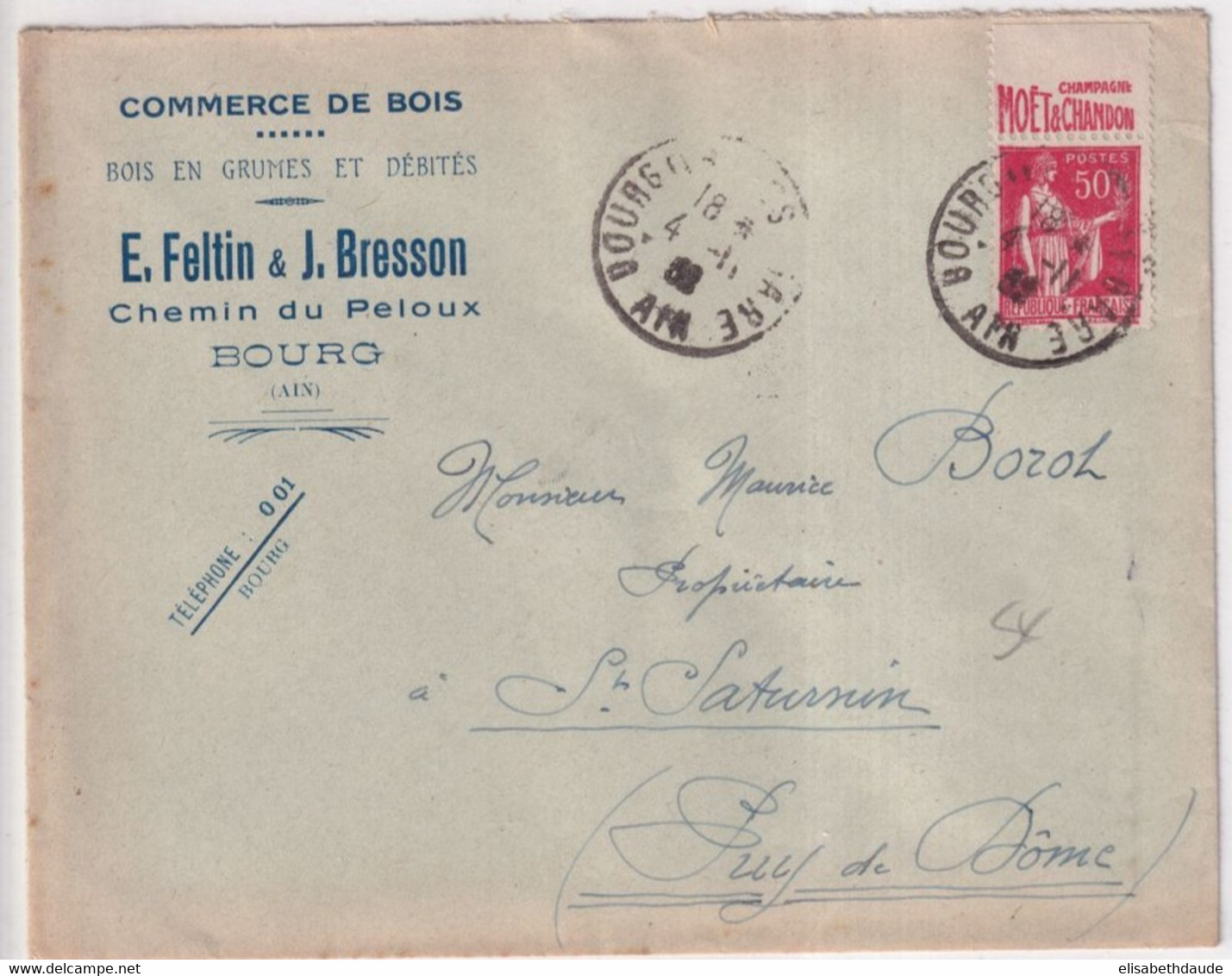 1932 - BANDE PUB "CHAMPAGNE MOËT ET CHANDON" Sur PAIX Sur ENVELOPPE De BOURG (AIN) - Cartas & Documentos