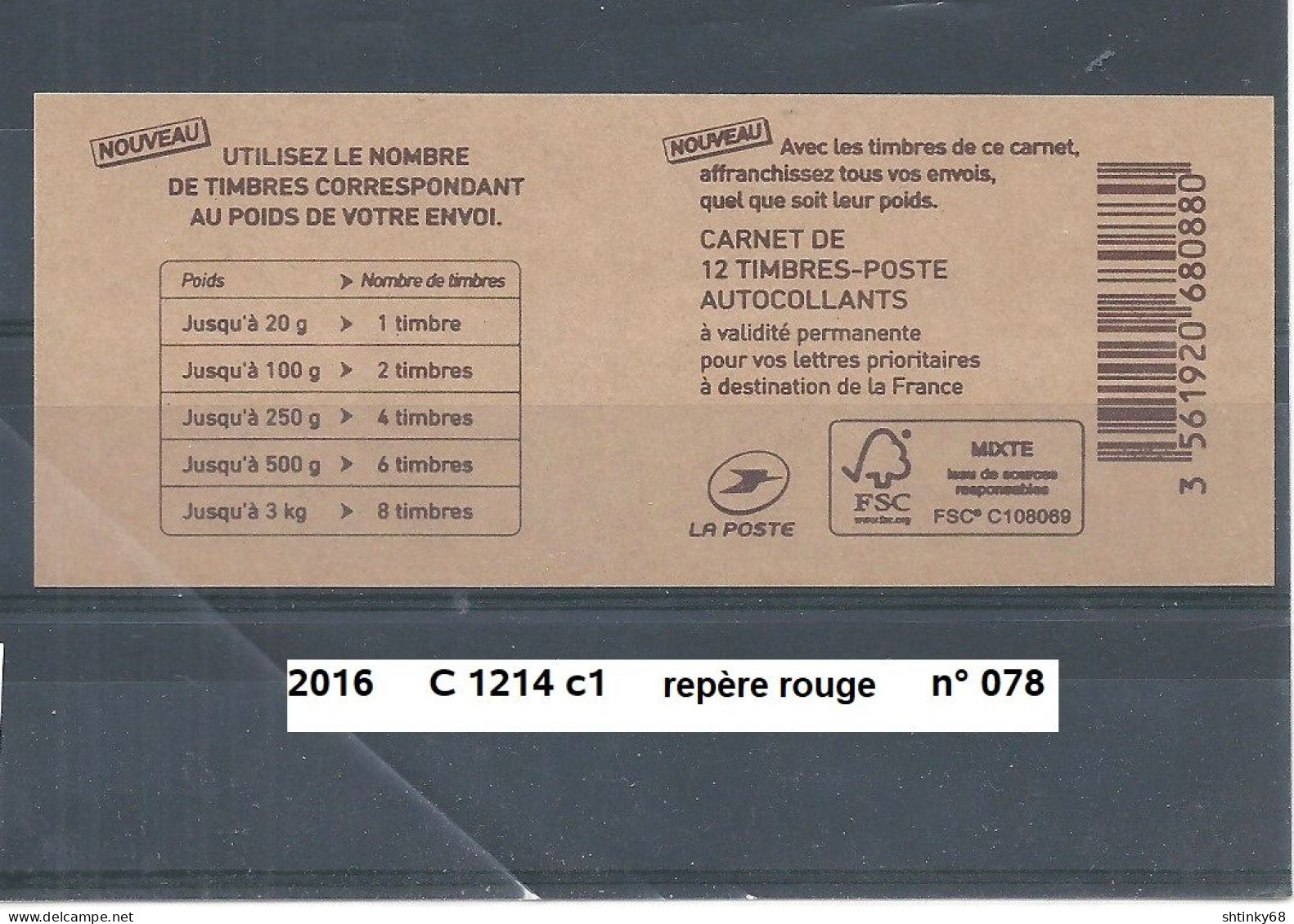 Variété Carnet Adhésifs De 2016 Neuf** Y&T N° C 1214 C1 Repère Rouge N° 078 - Libretti