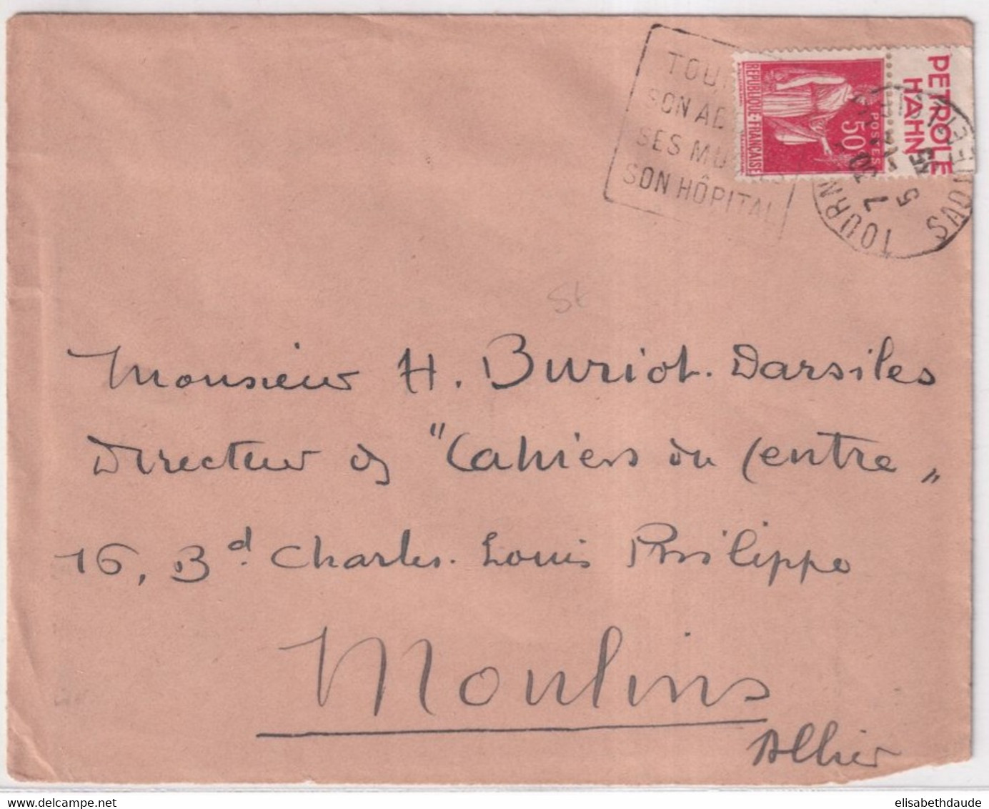 1935 - BANDE PUB "PETROLE HAHN" Sur PAIX Sur ENVELOPPE De TOURNUS (SAONE ET LOIRE) Avec OBLITERATION DAGUIN ! - Cartas & Documentos