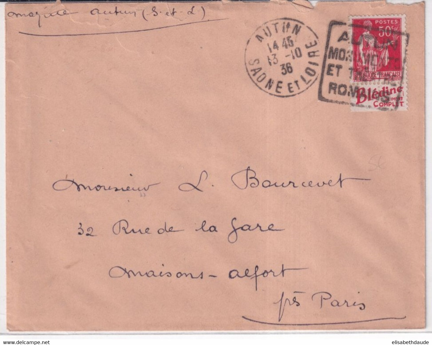 1936 - BANDE PUB "BLEDINE" Sur PAIX Sur ENVELOPPE De AUTUN (SAONE ET LOIRE) Avec OBLITERATION DAGUIN ! - Lettres & Documents