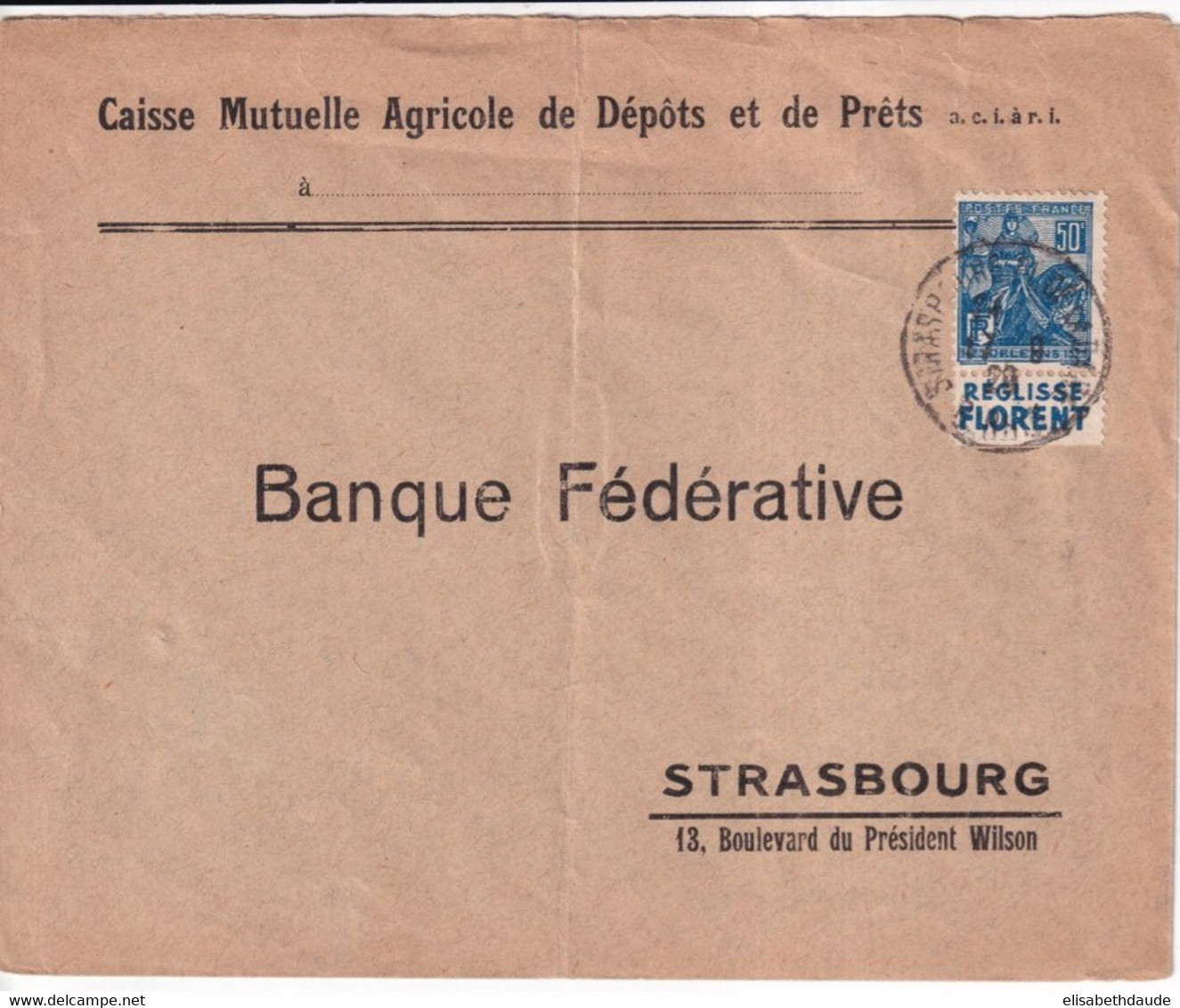 1929 - BANDE PUB "REGLISSE FLORENT" Sur JEANNE D'ARC Sur ENVELOPPE De STRASBOURG - Brieven En Documenten