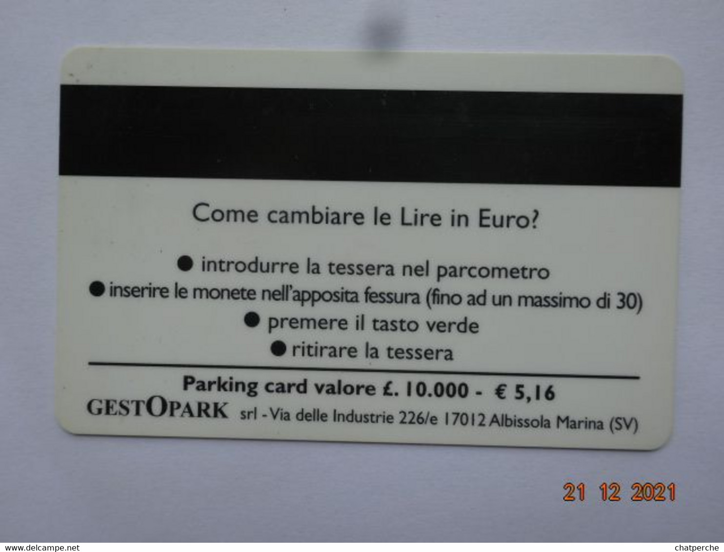 CARTE STATIONNEMENT BANDE MAGNETIQUE PARKING  ALBISSOLA MARINA  ITALIE - Usages Spéciaux